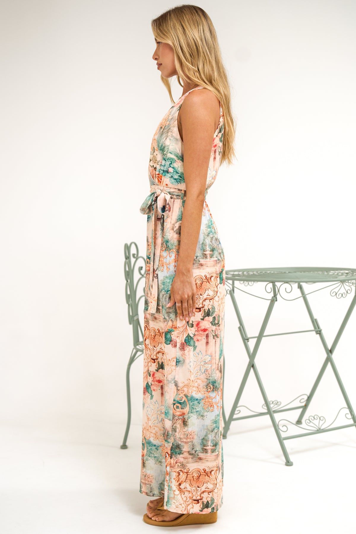 Lira Jumpsuit - V-Neck Wide Leg Pant Jumpsuit with Belt in Swanlea Print