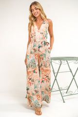 Lira Jumpsuit - V-Neck Wide Leg Pant Jumpsuit with Belt in Swanlea Print