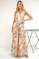 Lira Jumpsuit - V-Neck Wide Leg Pant Jumpsuit with Belt in Swanlea Print