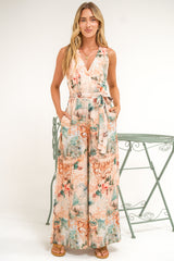Lira Jumpsuit - V-Neck Wide Leg Pant Jumpsuit with Belt in Swanlea Print