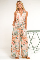 Lira Jumpsuit - V-Neck Wide Leg Pant Jumpsuit with Belt in Swanlea Print