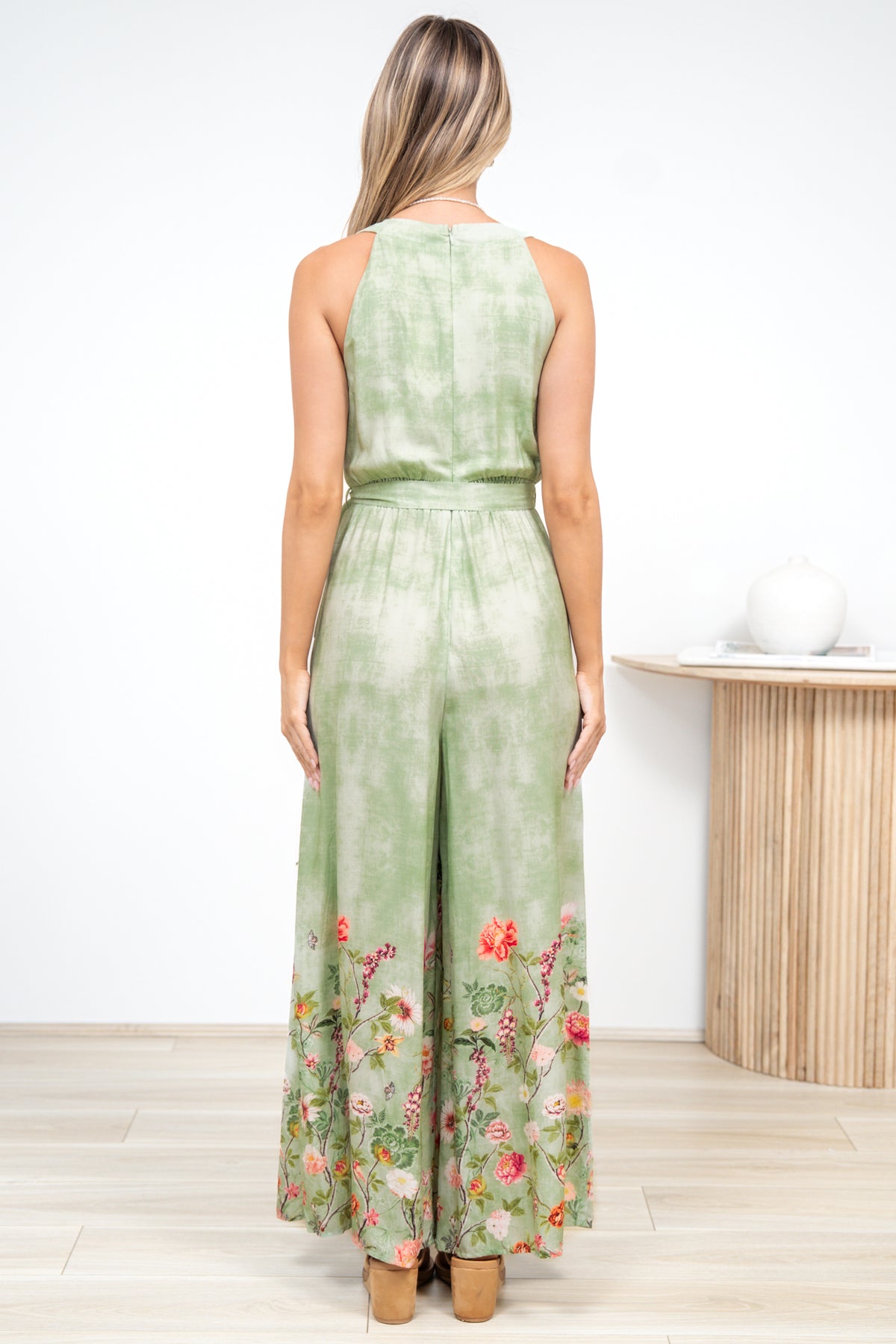 Lira Jumpsuit - V-Neck Wide Leg Pant Jumpsuit with Belt in Ferngully Print
