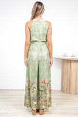 Lira Jumpsuit - V-Neck Wide Leg Pant Jumpsuit with Belt in Ferngully Print