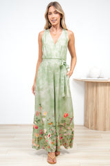 Lira Jumpsuit - V-Neck Wide Leg Pant Jumpsuit with Belt in Ferngully Print