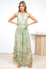 Lira Jumpsuit - V-Neck Wide Leg Pant Jumpsuit with Belt in Ferngully Print