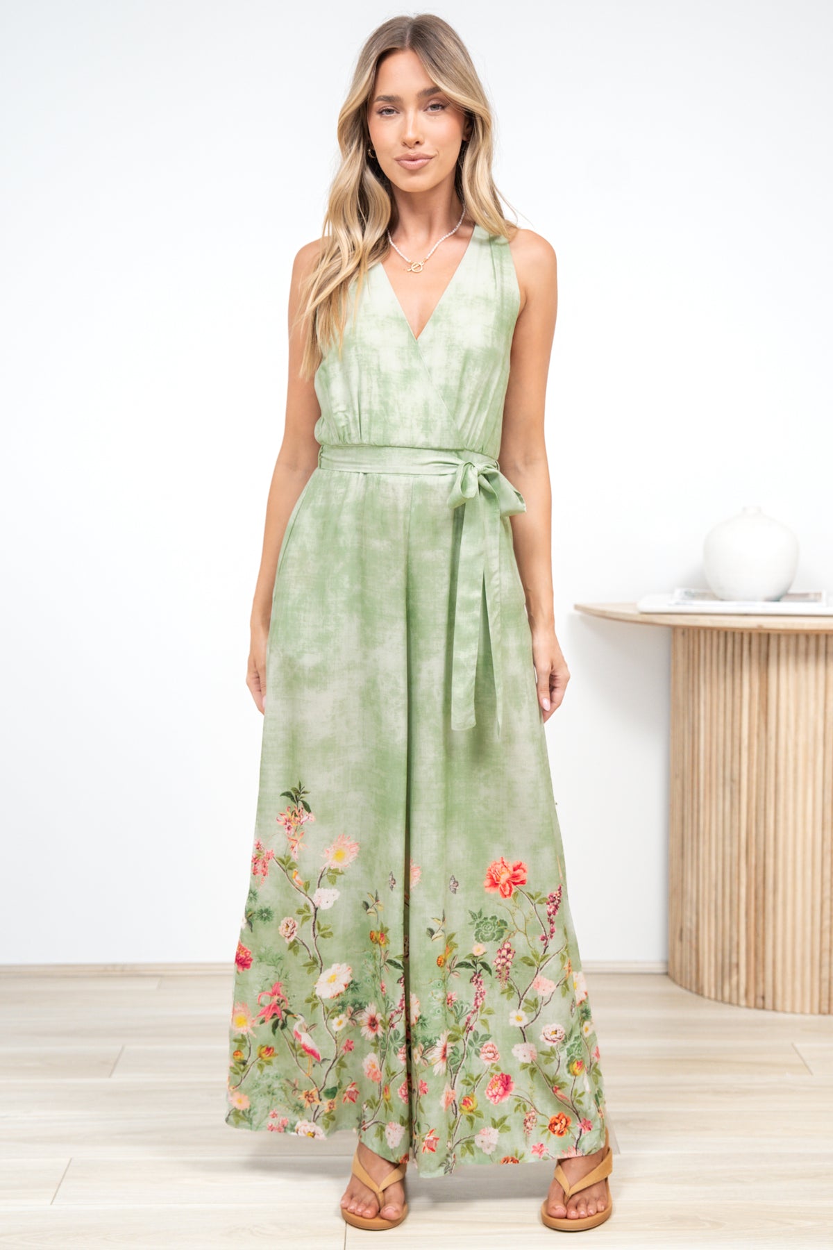 Lira Jumpsuit - V-Neck Wide Leg Pant Jumpsuit with Belt in Ferngully Print