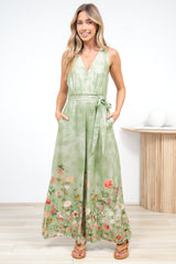 Lira Jumpsuit - V-Neck Wide Leg Pant Jumpsuit with Belt in Ferngully Print