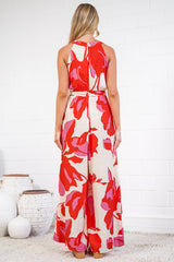 Lira Jumpsuit - V-Neck Wide Leg Pant Jumpsuit with Belt in Magnolia Print