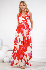 Lira Jumpsuit - V-Neck Wide Leg Pant Jumpsuit with Belt in Magnolia Print