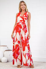 Lira Jumpsuit - V-Neck Wide Leg Pant Jumpsuit with Belt in Magnolia Print
