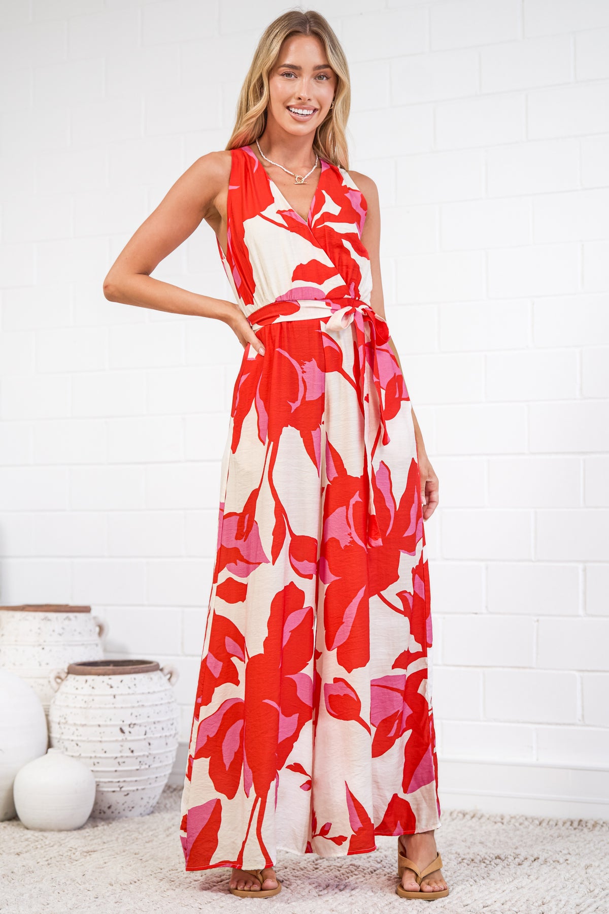 Lira Jumpsuit - V-Neck Wide Leg Pant Jumpsuit with Belt in Magnolia Print