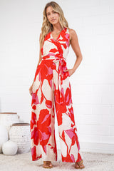 Lira Jumpsuit - V-Neck Wide Leg Pant Jumpsuit with Belt in Magnolia Print