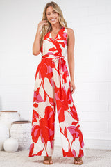 Lira Jumpsuit - V-Neck Wide Leg Pant Jumpsuit with Belt in Magnolia Print
