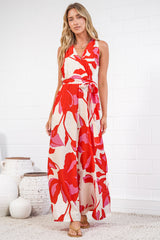 Lira Jumpsuit - V-Neck Wide Leg Pant Jumpsuit with Belt in Magnolia Print