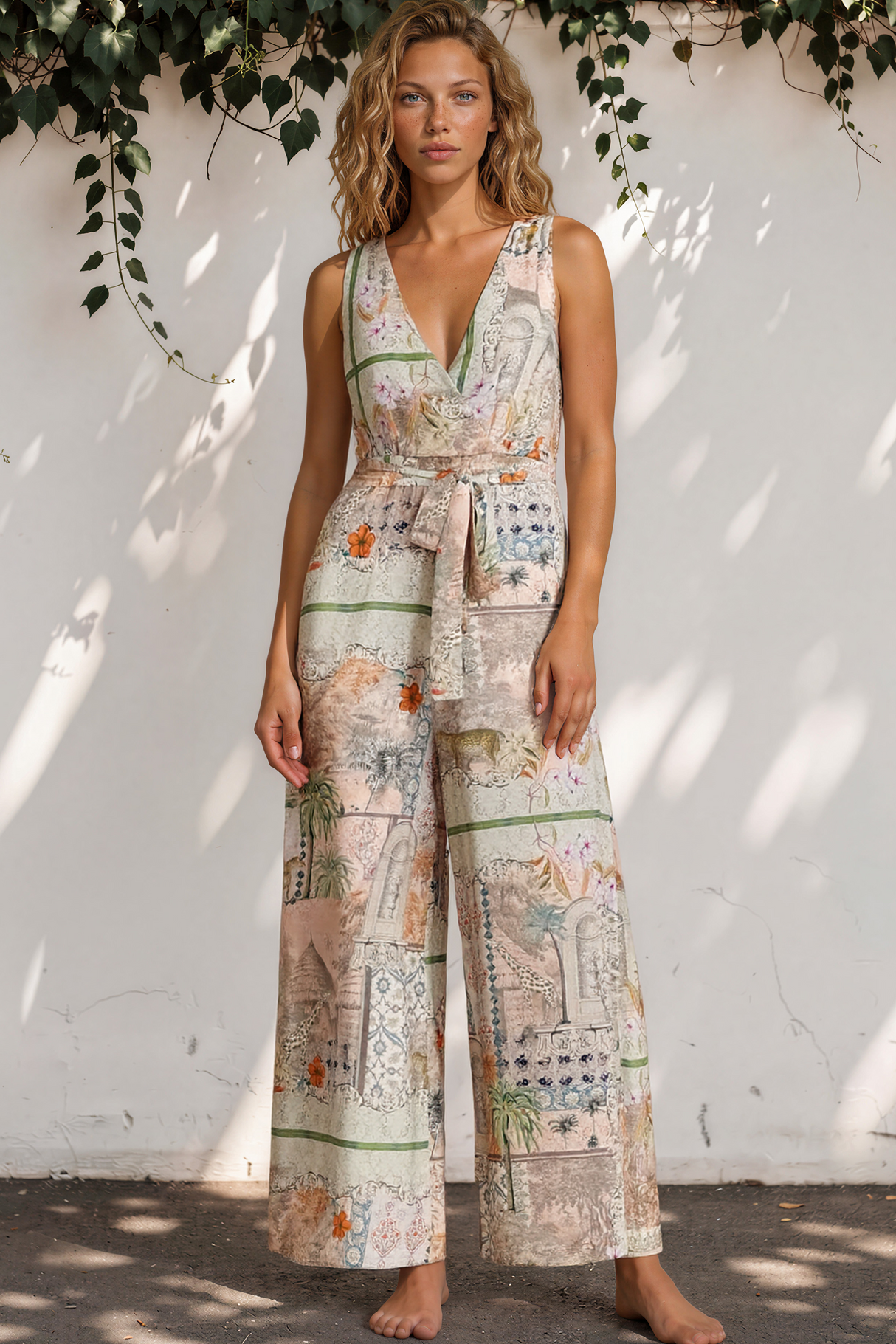 Model wearing Lira Jumpsuit in Tempest Print from Salty Crush
