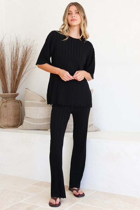 Lisette Set - Ribbed Knit Crew Neck Top and Subtle High Waisted Flared Tights in Black