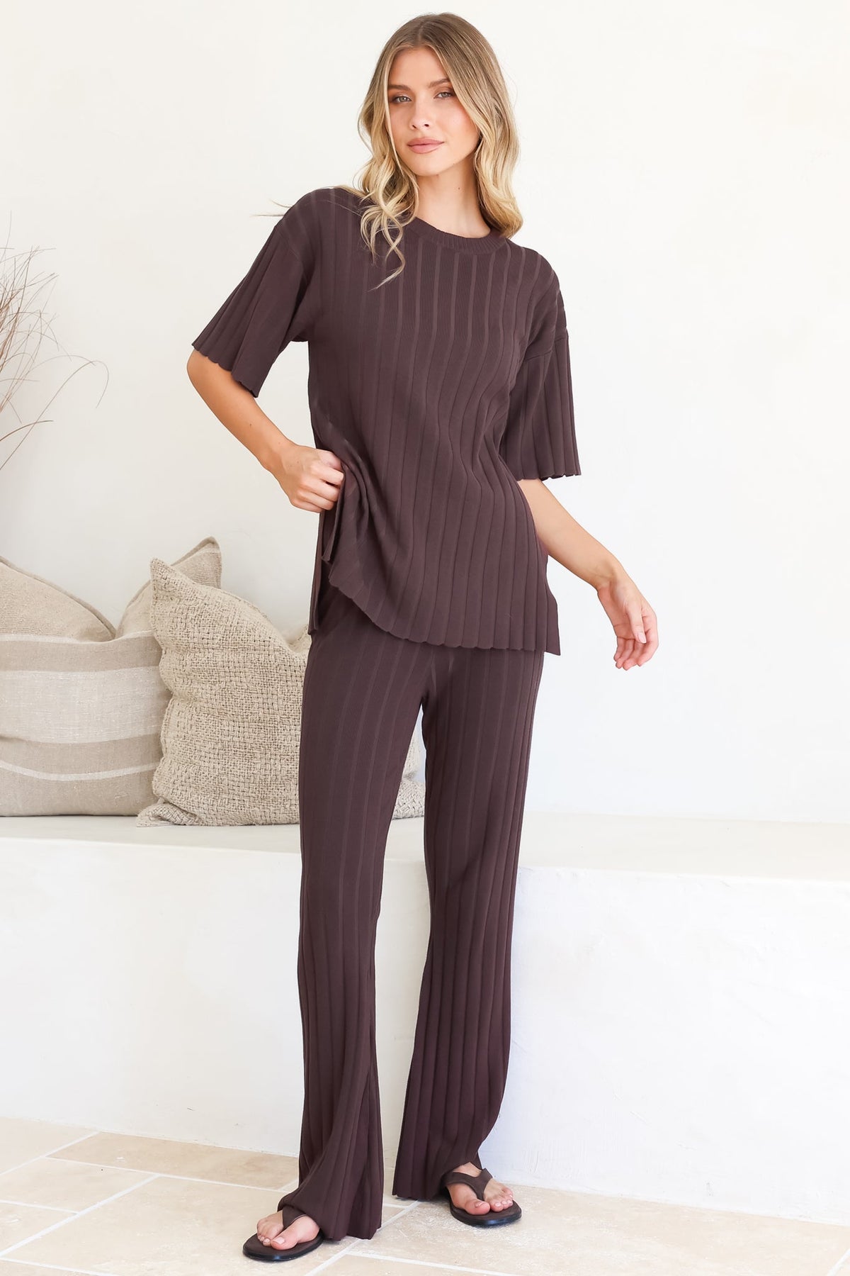 Lisette Set Ribbed Knit Crew Neck Top Subtle High Waisted Flared Tights Chocolate