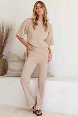 Lisette Set - Ribbed Knit Crew Neck Top and Subtle High Waisted Flared Tights in Cream