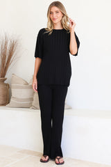 Lisette Set - Ribbed Knit Crew Neck Top and Subtle High Waisted Flared Tights in Black