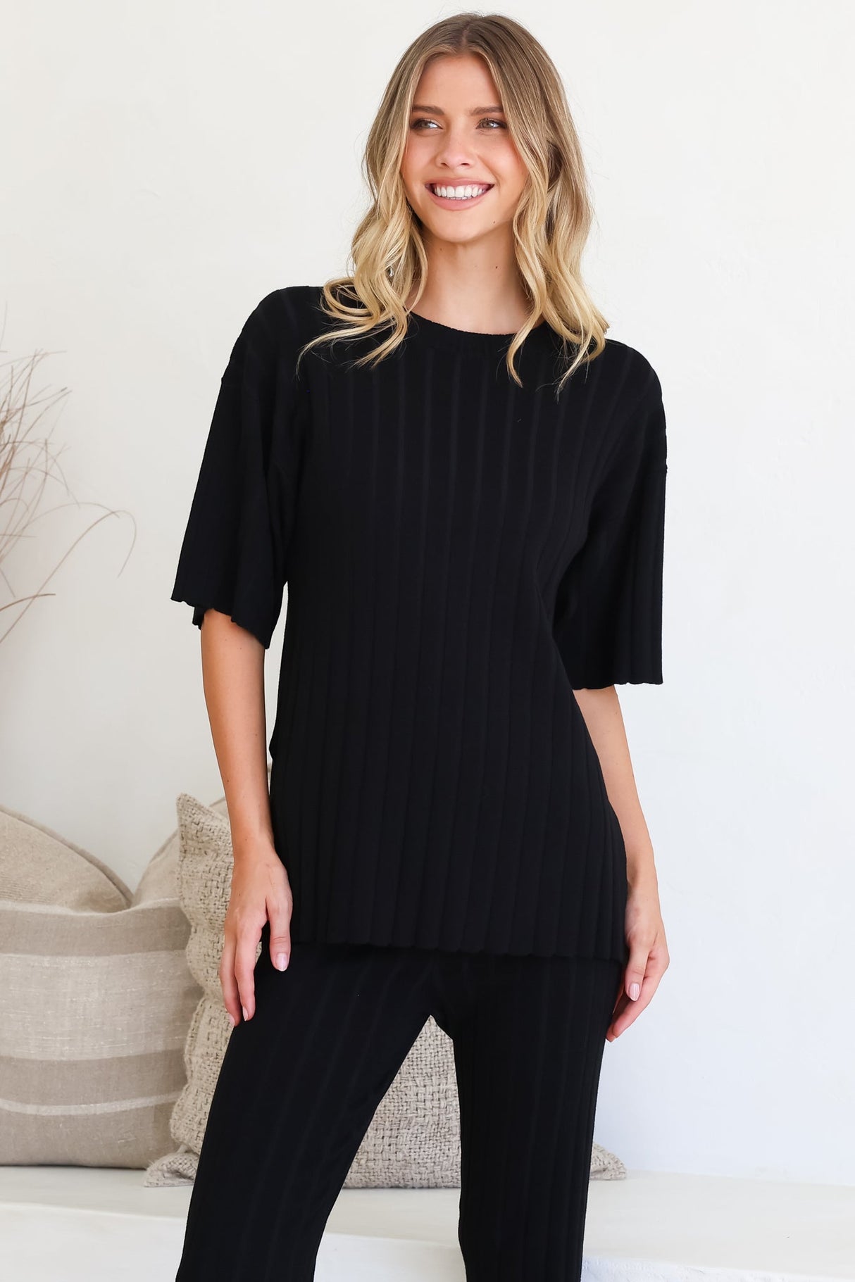Lisette Set - Ribbed Knit Crew Neck Top and Subtle High Waisted Flared Tights in Black