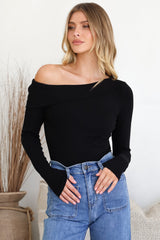 Lissa Top - Folded Asymmetric Neckline Long Sleeve Top in Black