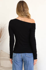 Lissa Top - Folded Asymmetric Neckline Long Sleeve Top in Black
