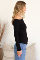Lissa Top - Folded Asymmetric Neckline Long Sleeve Top in Black