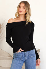 Lissa Top - Folded Asymmetric Neckline Long Sleeve Top in Black