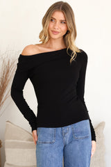 Lissa Top - Folded Asymmetric Neckline Long Sleeve Top in Black