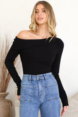 Lissa Top - Folded Asymmetric Neckline Long Sleeve Top in Black