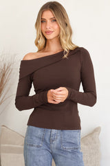 Lissa Top - Folded Asymmetric Neckline Long Sleeve Top in Chocolate