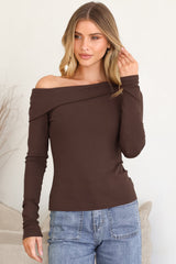 Lissa Top - Folded Asymmetric Neckline Long Sleeve Top in Chocolate