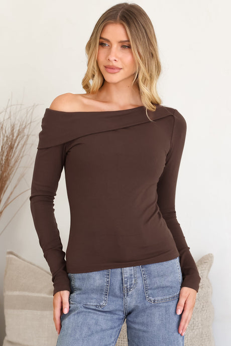 Lissa Top - Folded Asymmetric Neckline Long Sleeve Top in Chocolate