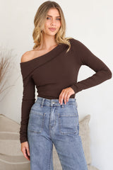 Lissa Top - Folded Asymmetric Neckline Long Sleeve Top in Chocolate