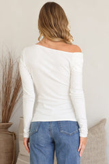 Lissa Top - Folded Asymmetric Neckline Long Sleeve Top in White