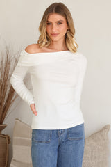 Lissa Top - Folded Asymmetric Neckline Long Sleeve Top in White