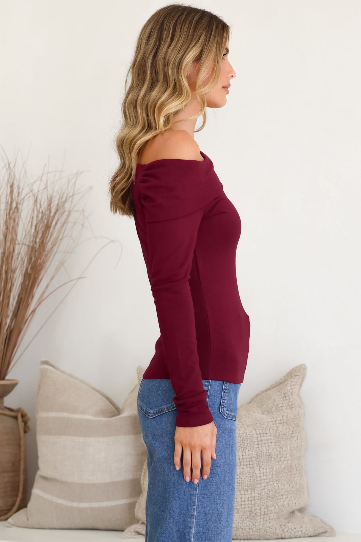 Lissa Top - Folded Asymmetric Neckline Long Sleeve Top in Wine