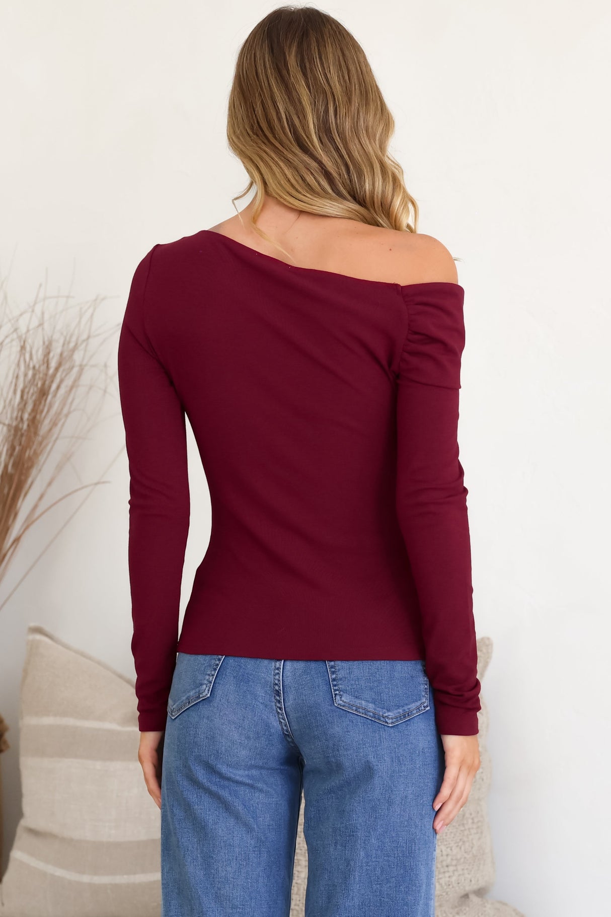 Lissa Top - Folded Asymmetric Neckline Long Sleeve Top in Wine