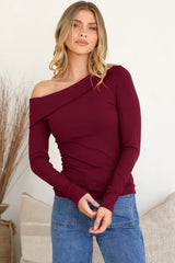 Lissa Top - Folded Asymmetric Neckline Long Sleeve Top in Wine