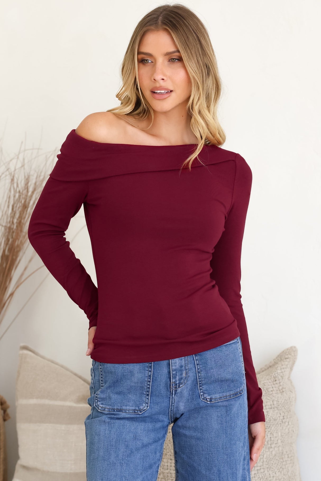 Lissa Top - Folded Asymmetric Neckline Long Sleeve Top in Wine