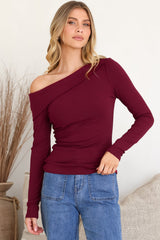 Lissa Top - Folded Asymmetric Neckline Long Sleeve Top in Wine