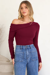 Lissa Top - Folded Asymmetric Neckline Long Sleeve Top in Wine