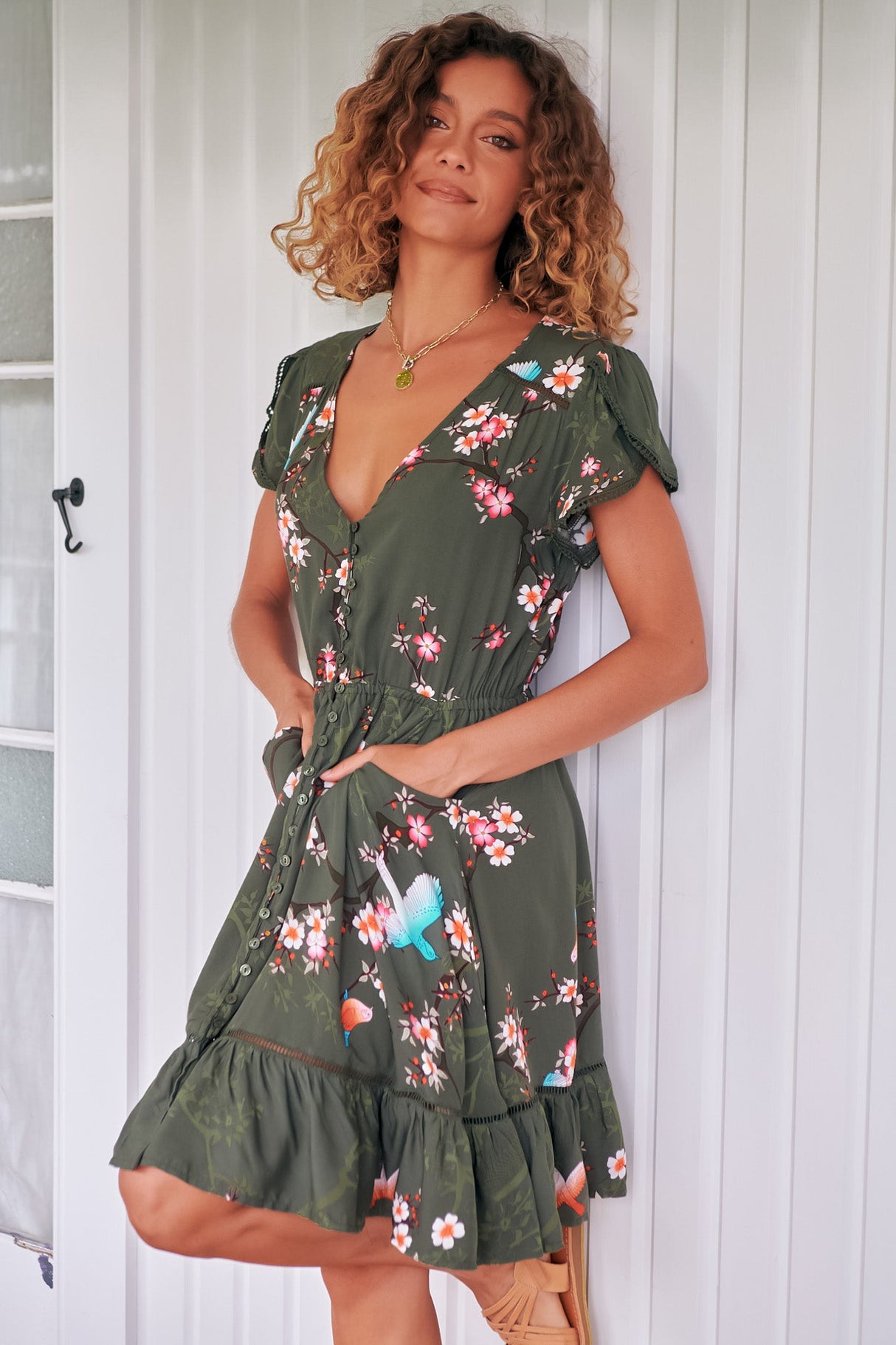 JAASE - Lizzie Mini Dress: Butterfly Cap Sleeve Button Down Dress with Pockets in Birds Paradise Print