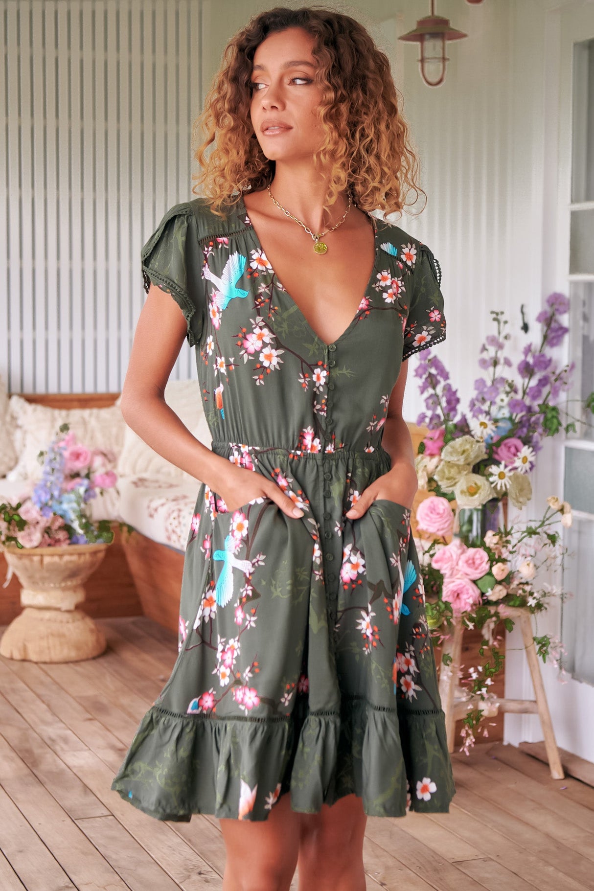 JAASE - Lizzie Mini Dress: Butterfly Cap Sleeve Button Down Dress with Pockets in Birds Paradise Print