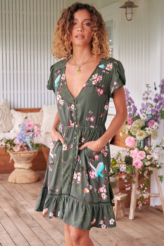 JAASE - Lizzie Mini Dress: Butterfly Cap Sleeve Button Down Dress with Pockets in Birds Paradise Print