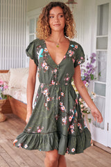 Lizzie Mini Dress - Butterfly Cap Sleeve Button Down Dress with Pockets in Birds Paradise Print