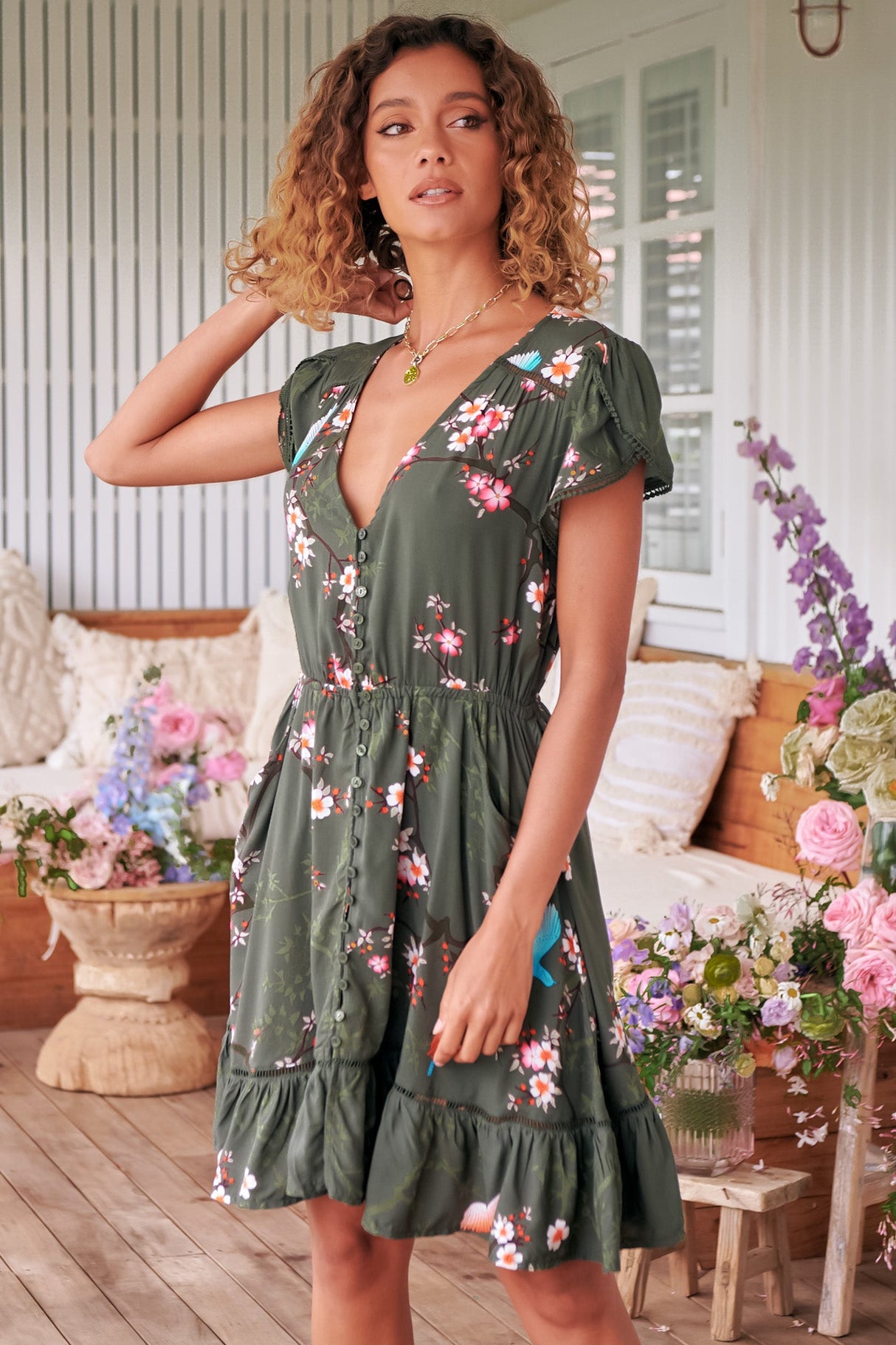 JAASE - Lizzie Mini Dress: Butterfly Cap Sleeve Button Down Dress with Pockets in Birds Paradise Print