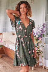 Lizzie Mini Dress - Butterfly Cap Sleeve Button Down Dress with Pockets in Birds Paradise Print