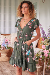 JAASE - Lizzie Mini Dress: Butterfly Cap Sleeve Button Down Dress with Pockets in Birds Paradise Print