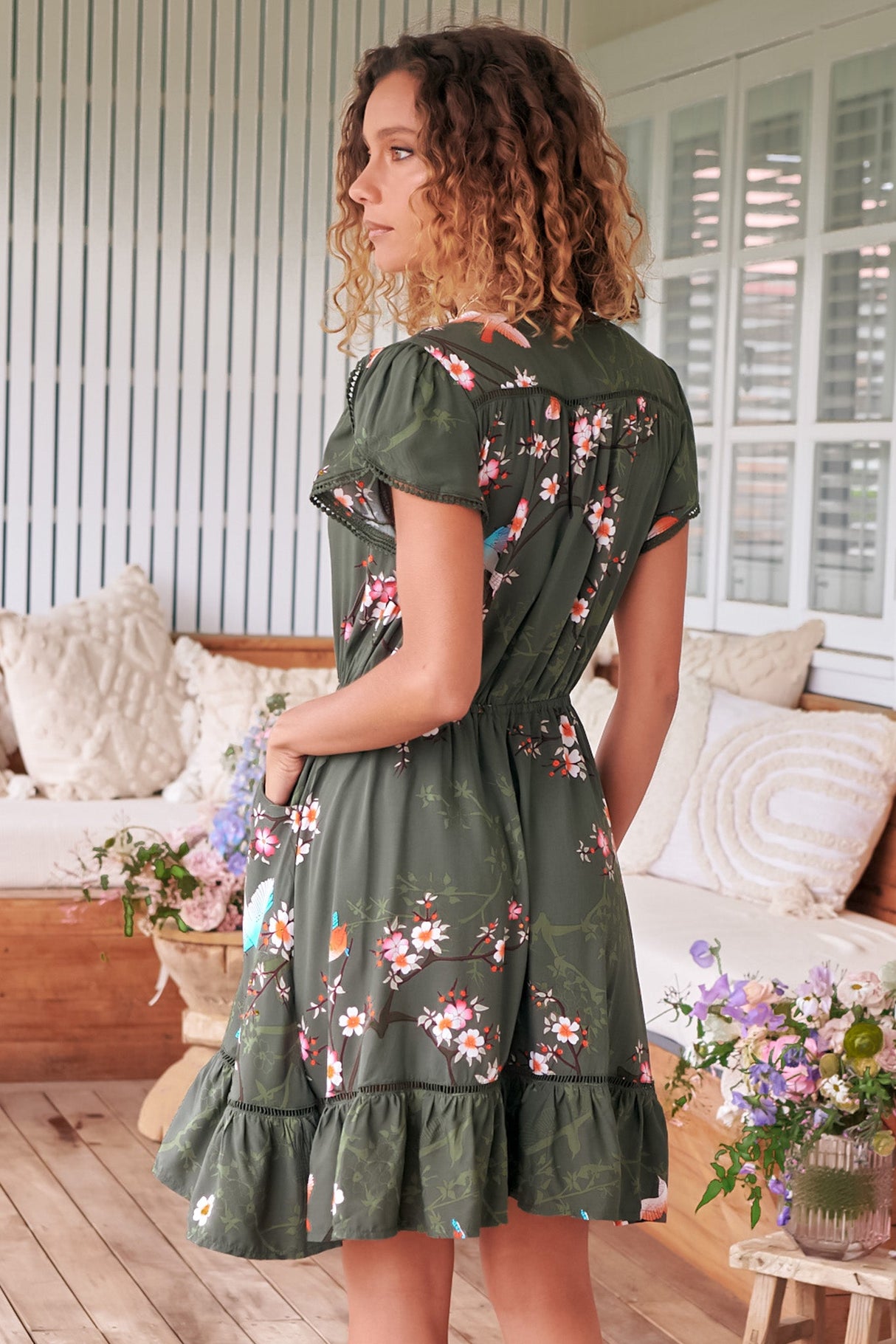 JAASE - Lizzie Mini Dress: Butterfly Cap Sleeve Button Down Dress with Pockets in Birds Paradise Print